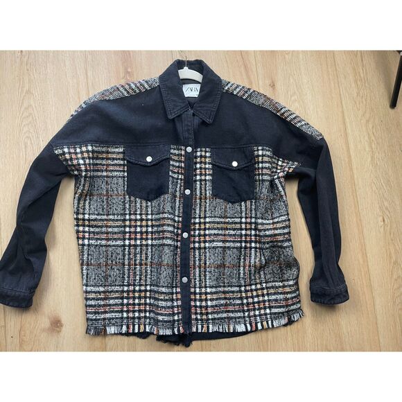 Zara Plaid Mixed Media Shacket – Black Denim & Bouclé Tweed – Size XS - Picture 1 of 6